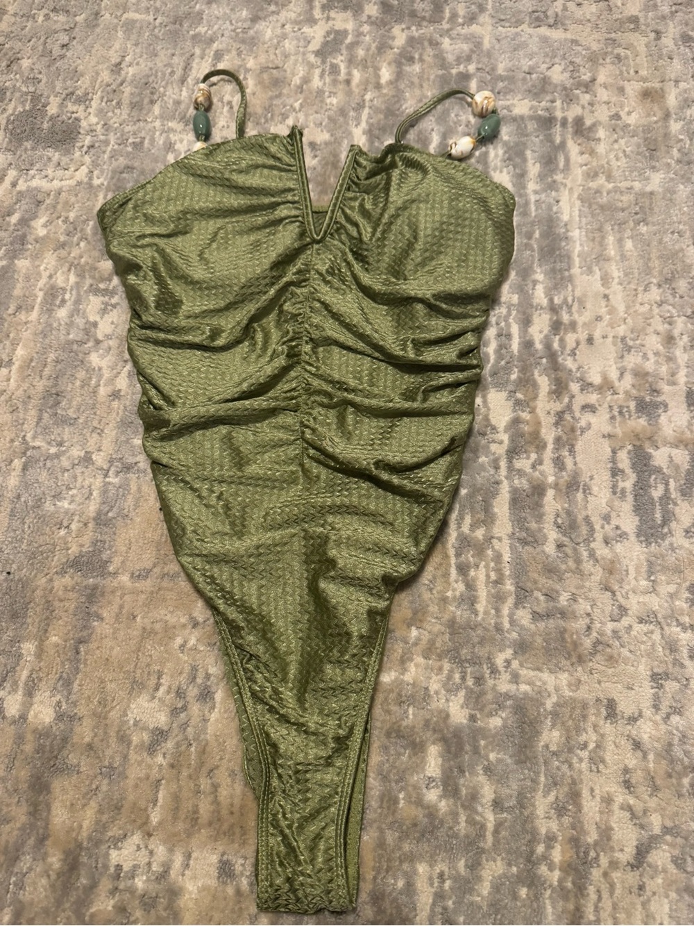 Girls' Olive Green One-Piece Swimsuit with Beaded Straps